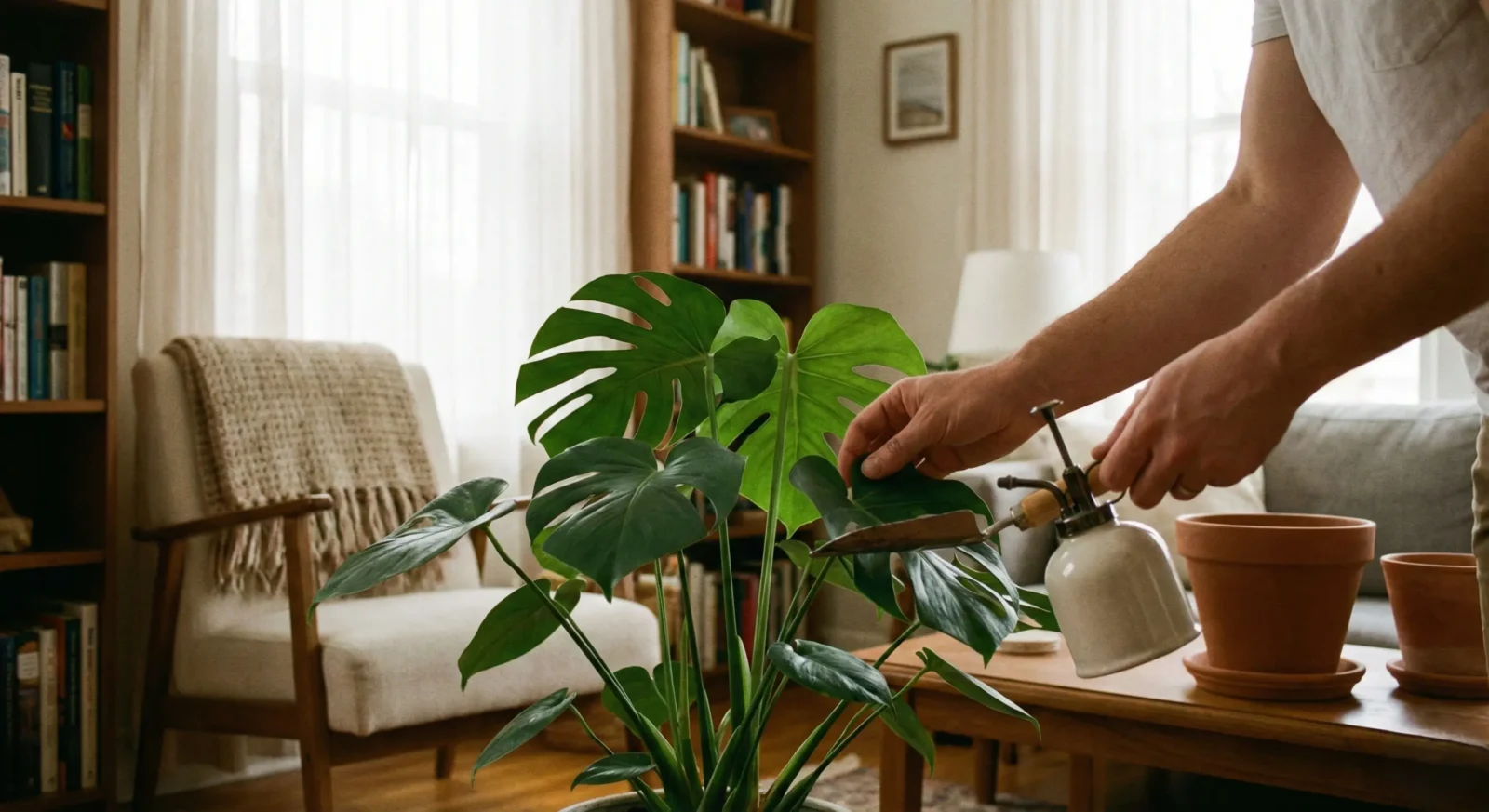 Manos cuidando una planta de interior frondosa en un salón acogedor con luz indirecta.