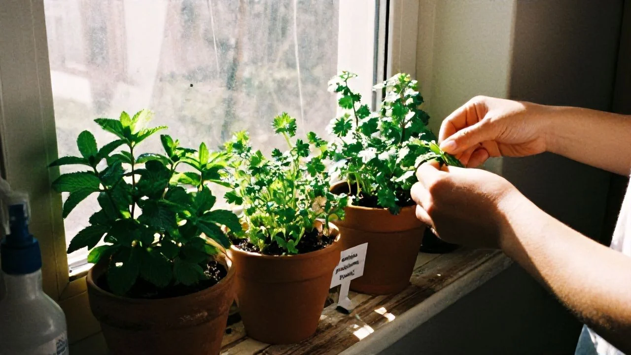 Hierbas aromáticas de sombra: menta, perejil y cilantro en macetas