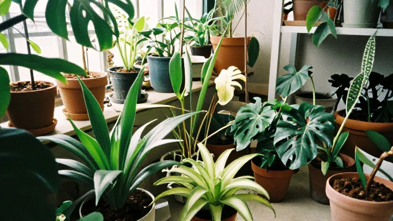 Un vibrante y acogedor jardín interior lleno de plantas de interior saludables en diferentes tonos de verde, algunas con hojas grandes y brillantes. La luz natural de la tarde se filtra suavemente, iluminando suavemente el ambiente. El uso de abono casero para plantas de interior se refleja en el vigor de cada planta, que muestra un crecimiento exuberante. El fondo está difuminado con un suave grano, añadiendo un toque auténtico a la imagen.