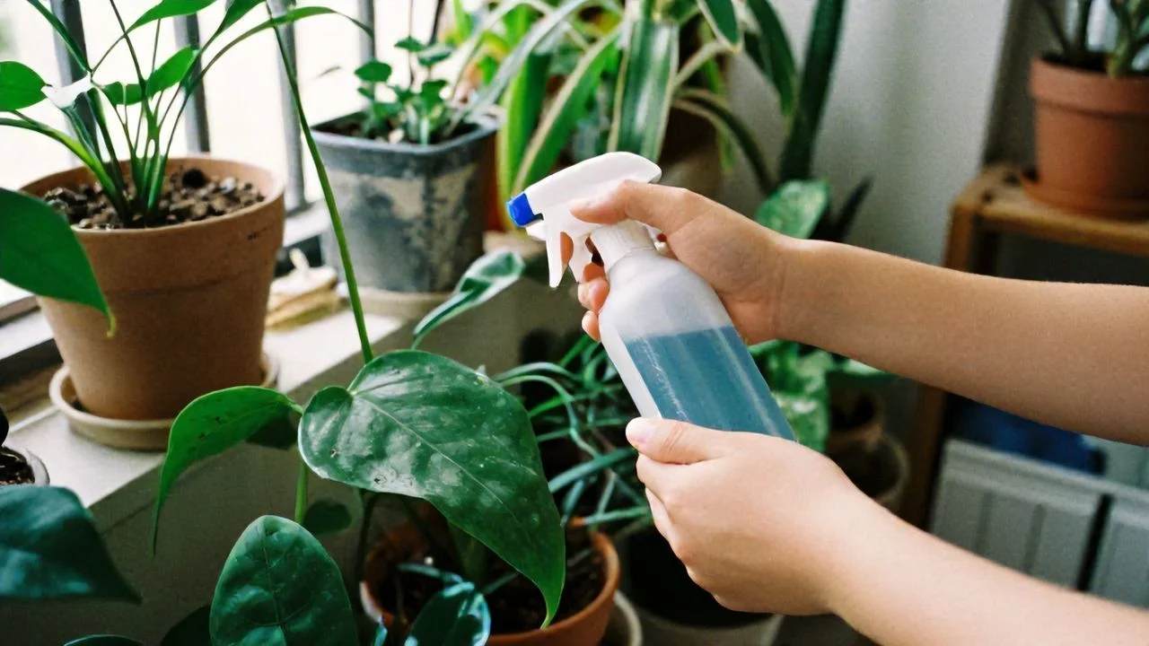 Una fotografía de plantas de interior en macetas coloridas, con hojas verdosas y brillantes, siendo tratadas con insecticidas para plantas de interior en un jardín acogedor. La luz natural de la tarde ilumina suavemente la escena, creando un ambiente cálido y relajado. Hay un fondo desenfocado que resalta la frescura de las plantas y un ligero grano de película que añade autenticidad a la imagen.