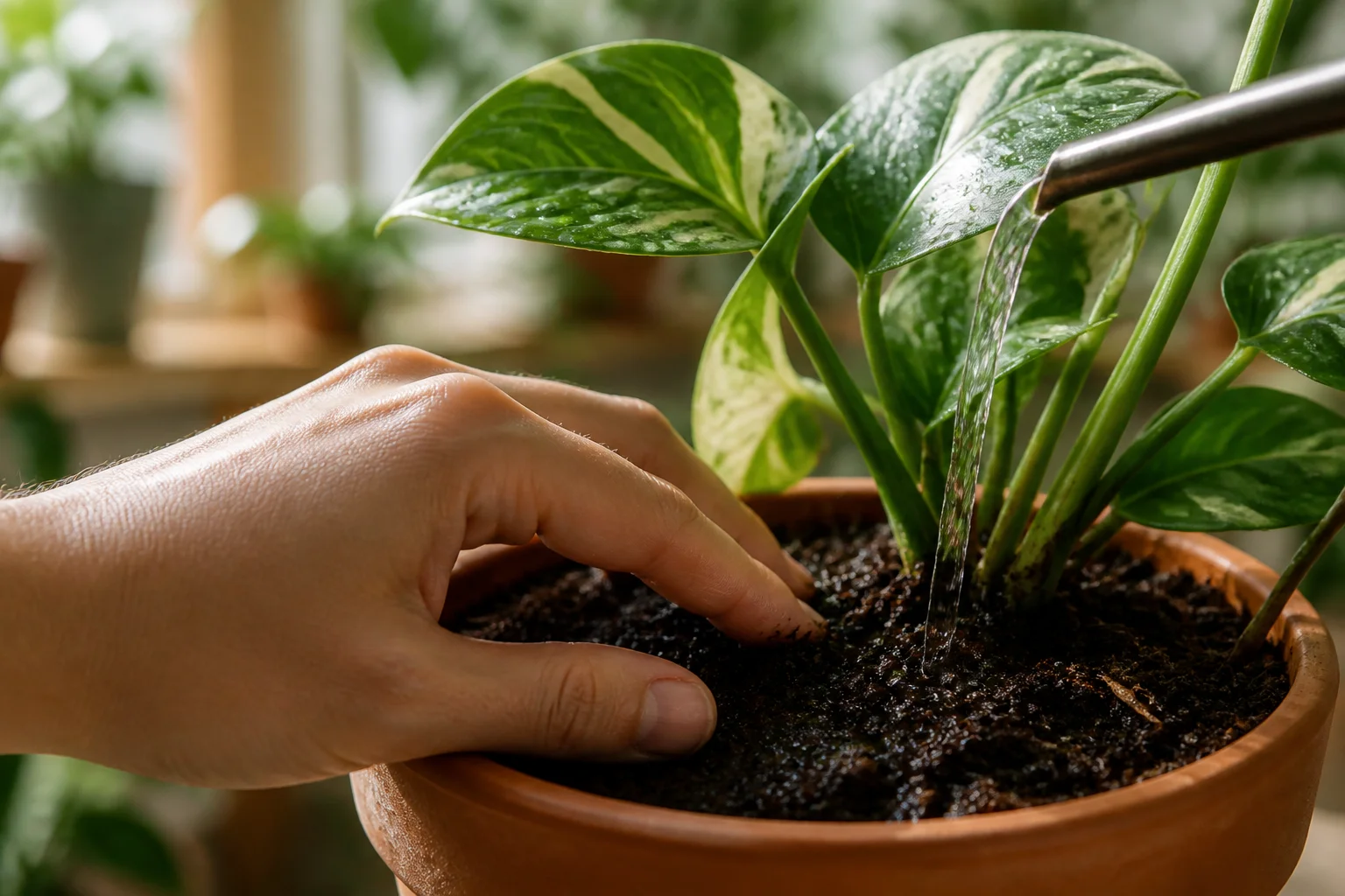 Primer plano fotorealista de una mano humana de cinco dedos y piel natural, tocando tierra húmeda en una maceta de terracota con una planta de sombra (pothos o calathea). Un chorro fino de agua cae sobre la tierra, y gotas quedan adheridas a venas y superficies foliares; las hojas muestran nervaduras y estomas visibles. Iluminación suave de mañana en una sala de estar o invernadero, fondo difuminado con otras plantas en estantería. Relacionado con Cada cuándo se riegan las plantas de sombra.