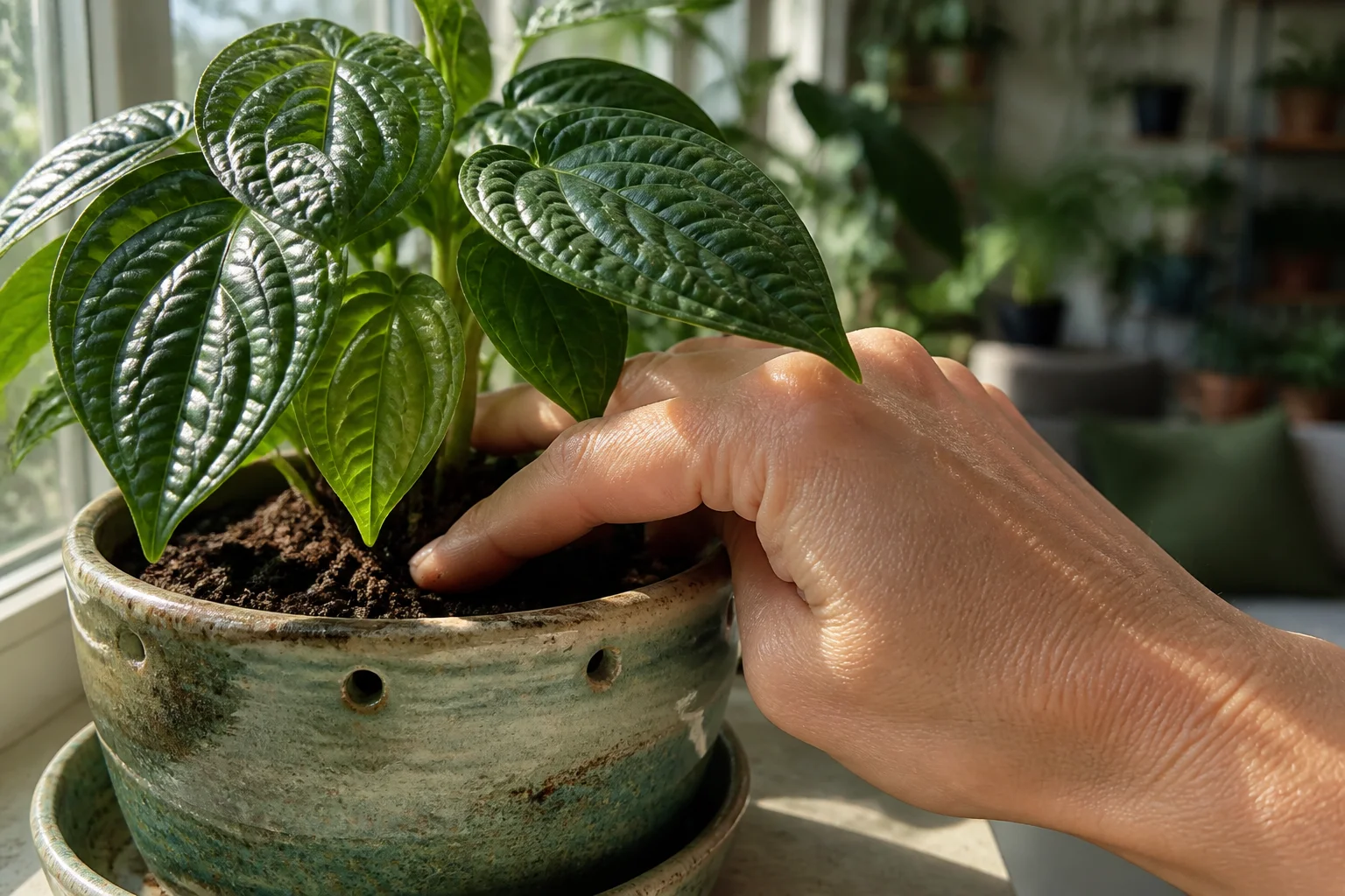 Cada cuándo regar plantas de sombra Mano humana, perfectamente anatómica, con cinco dedos, piel natural con textura, articulaciones visibles y venas discretas, presionando suavemente la capa superior del sustrato en una pequeña maceta de cerámica. El sustrato está ligeramente seco, con gránulos finos y agujeros de drenaje visibles en el borde; una bandeja poco profunda se vislumbra debajo. En primer plano, una planta de sombra de hojas grandes y verdes, con nervaduras marcadas y poros superficiales. La maceta está en un alféizar de ventana iluminado por la luz natural de la mañana; el fondo es un interior suavemente desenfocado. Sin textos ni logotipos. Ideal para ilustrar Cada cuándo se riegan las plantas de sombra.